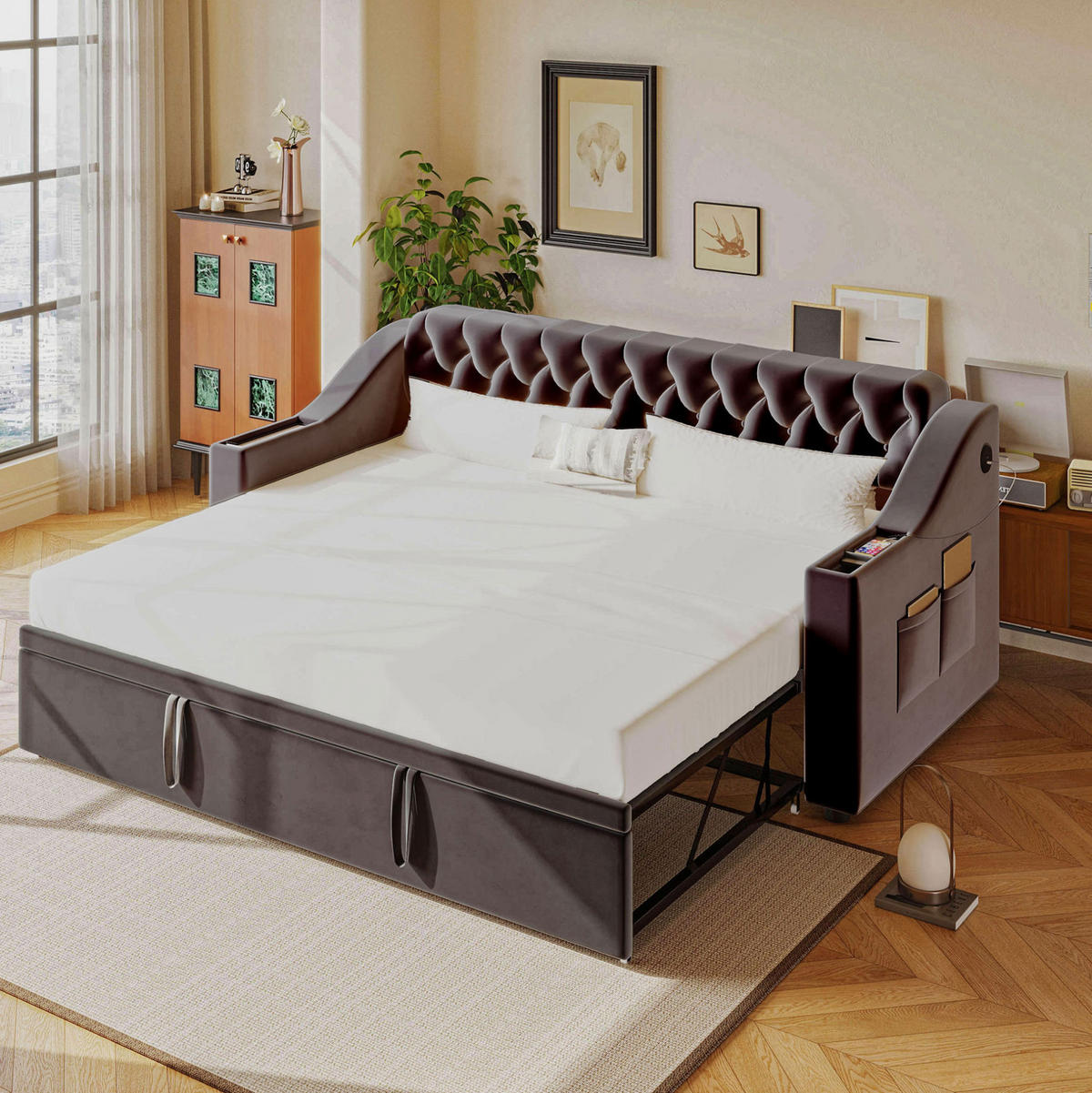 POLSTERBETT 90/190 cm aus Samt mit USB-Anschluss und ausziehbarer Liegefläche Grau - Dunkelgrau, Textil (90/190cm) - Modenvie