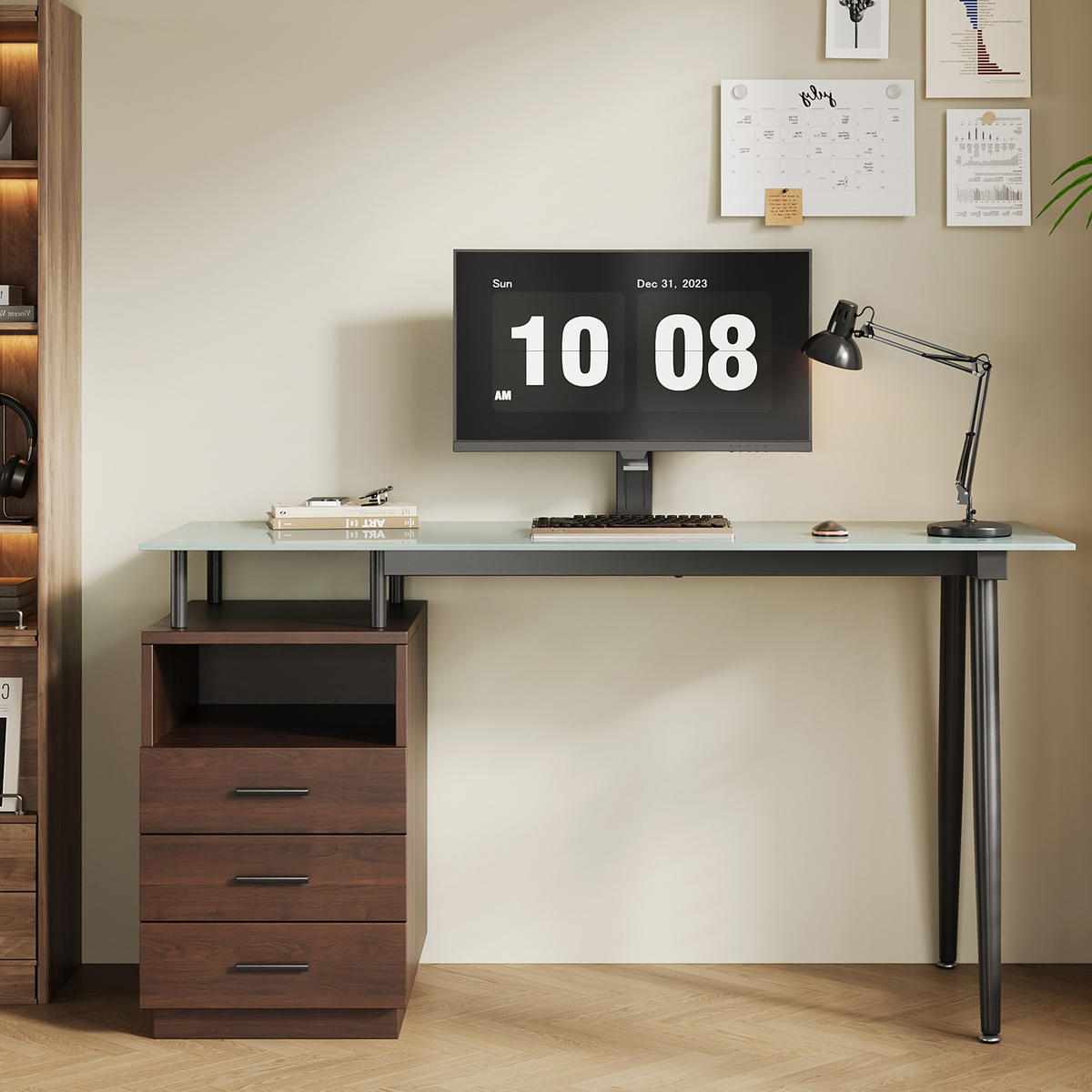 SCHREIBTISCH Braun 130/50/75 cm mit Glasplatte 3 Schubladen und offenem Fach - Braun, Metall (50/130/75cm) - PANGIVO