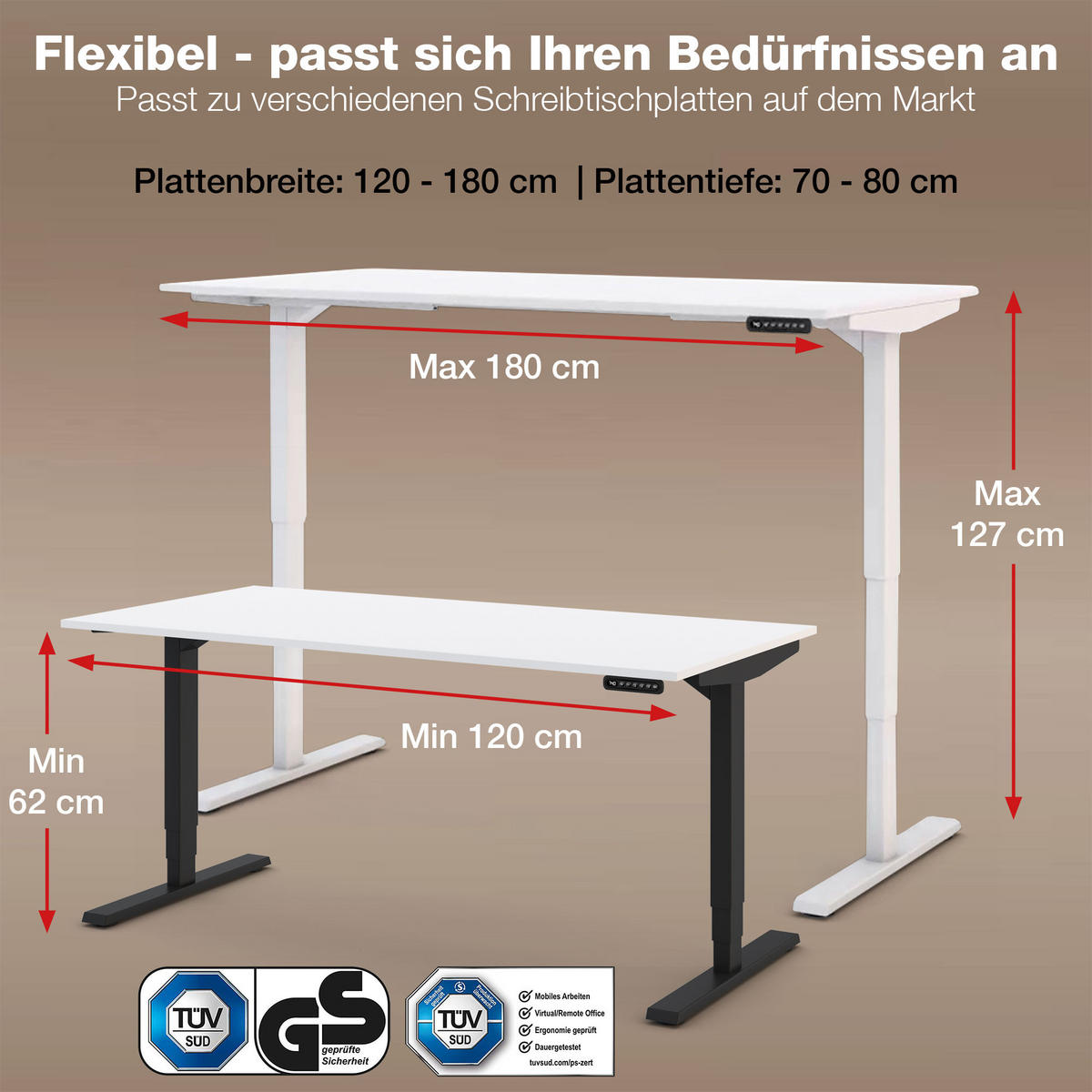 SCHREIBTISCHGESTELL Elektrisch höhenverstellbares Schreibtischgestell /62-127cm Schwarz - Schwarz, Metall (117/25/23cm) - ASSMANN