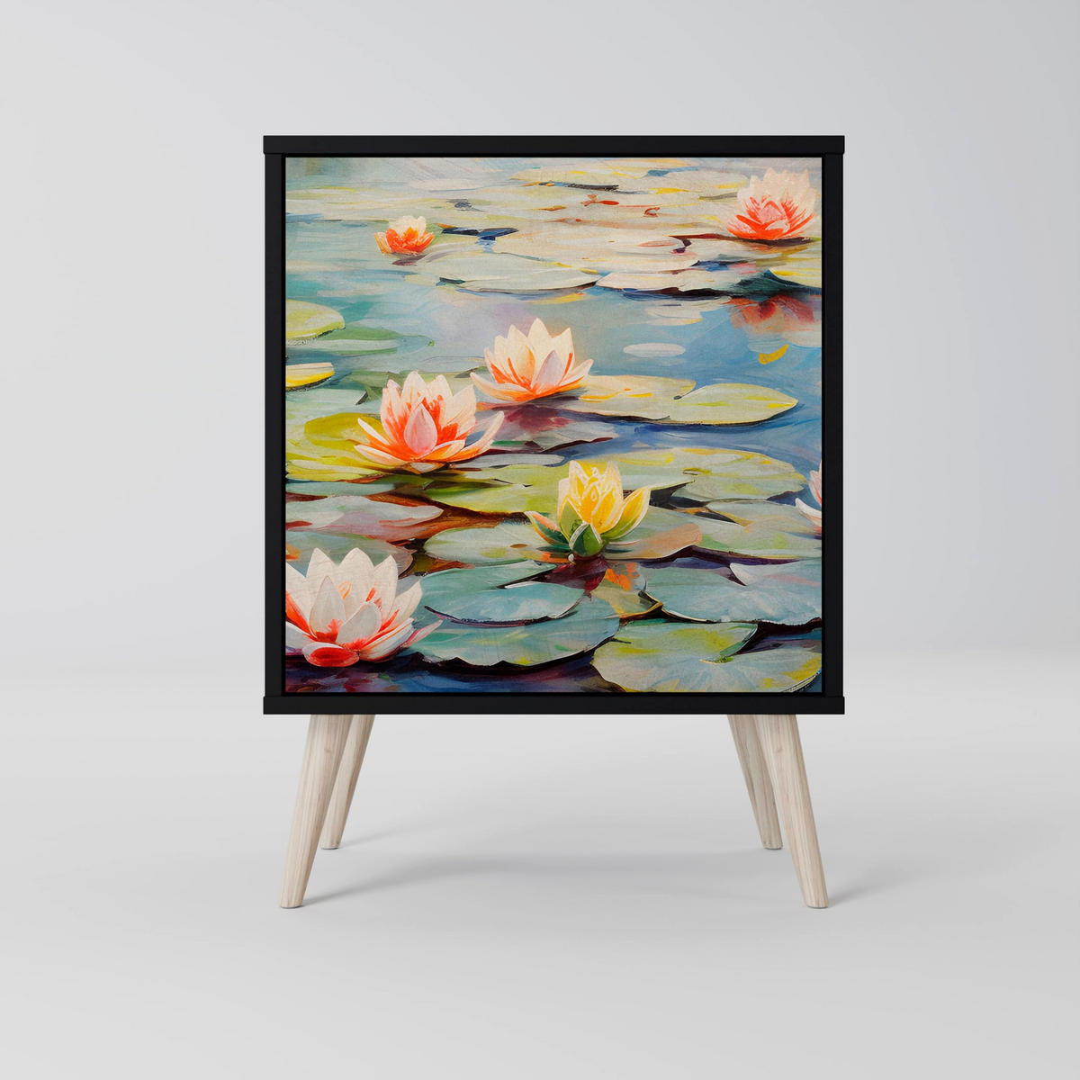 SIDEBOARD BLOOMING WATERS, Schwarz, 57,5x42x70,5 cm, Schwarze Metall-Sternfüße - Multicolor/Schwarz, Holzwerkstoff/Metall (57.5/70.5/42cm) - SpaceRebels