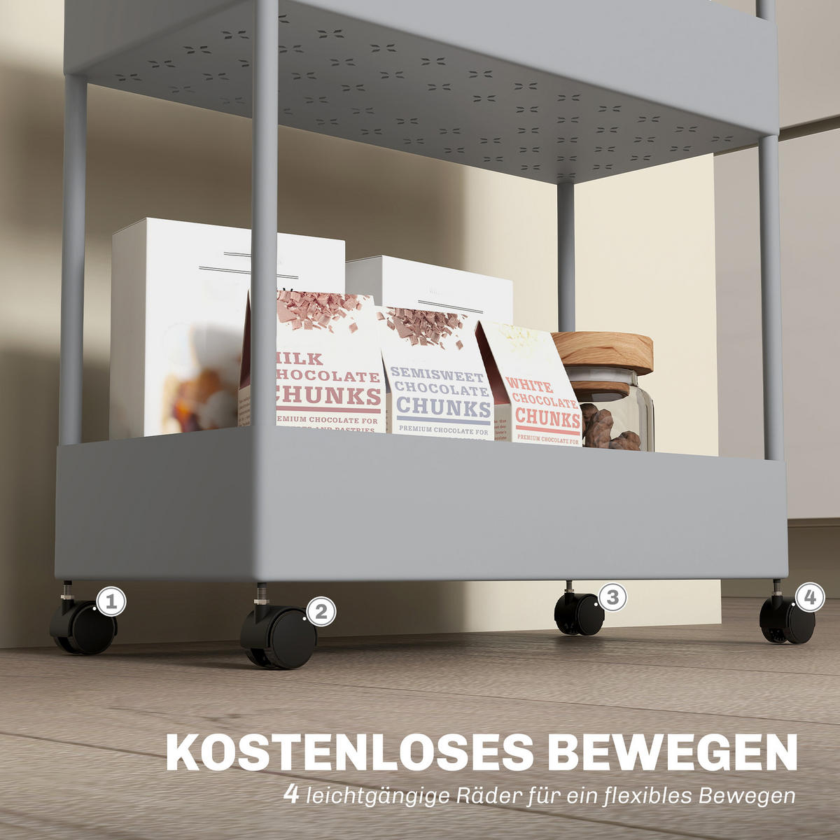 ROLLWAGEN mit 4 Ebenen, Kunststoff, Grau, 40 x 19 x 90 cm - Grau, Metall (40/90/19cm) - HOMCOM