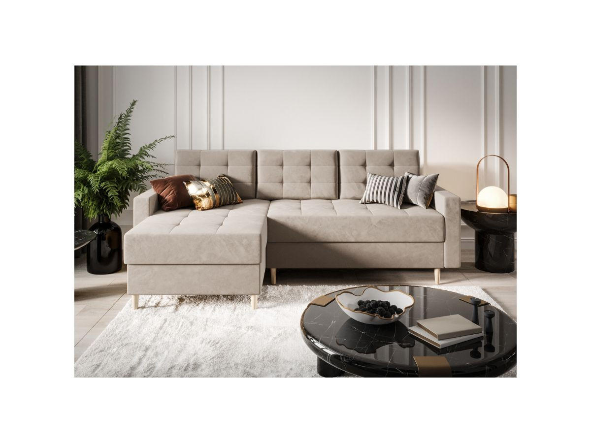 ECKSOFA BARI RN01, Eckcouch in L-Form mit Schlaffunktion, Farbe: Beige, Velourstoff, Ottomane Links - Beige, Textil (224/144cm) - O-Sofa