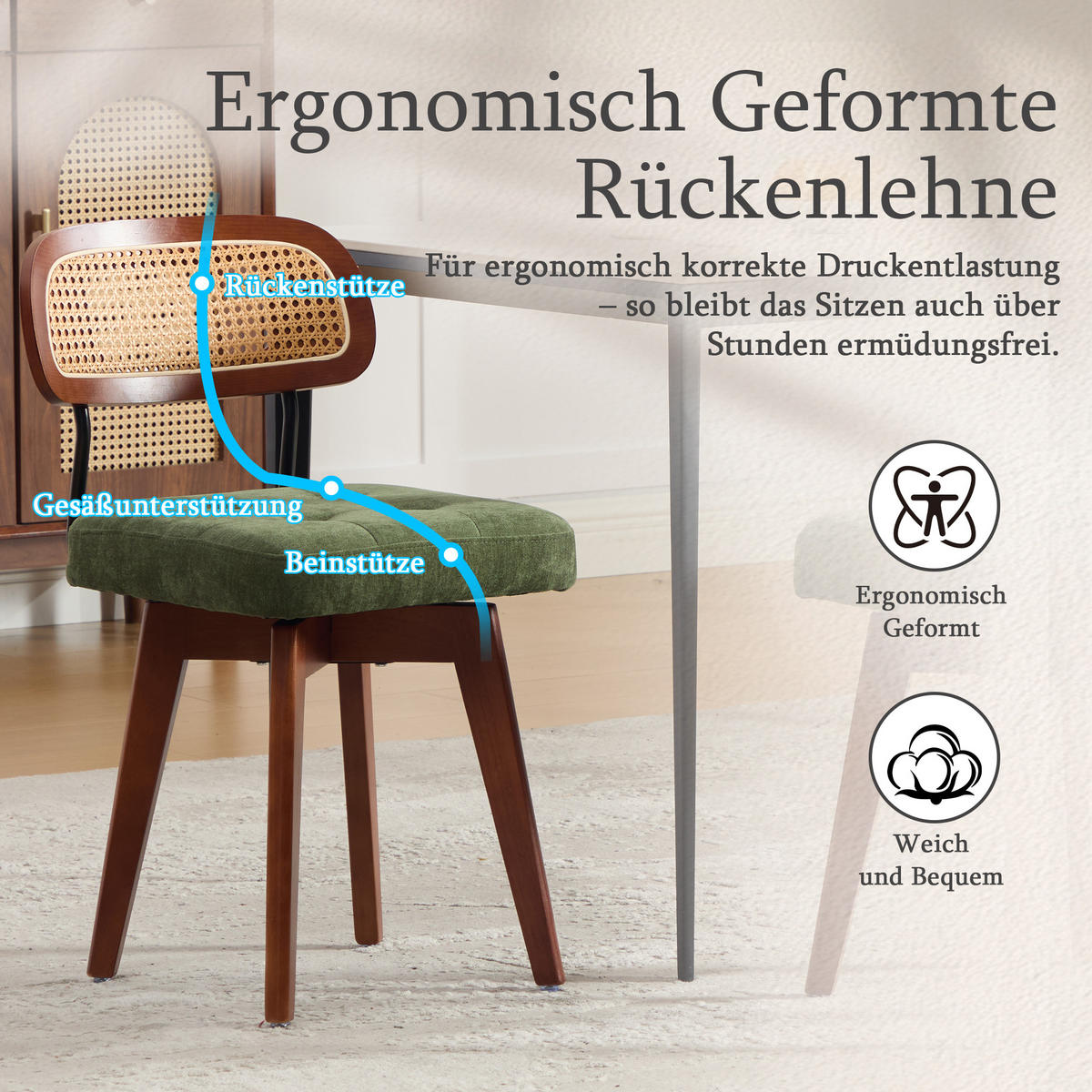 ESSZIMMERSTUHL 2er Set 360° drehbar, Wiener Geflecht, Chenille, Massivholz, Grün - Walnussfarben/Grün, Holz/Textil (43/77/50cm) - LVHOM