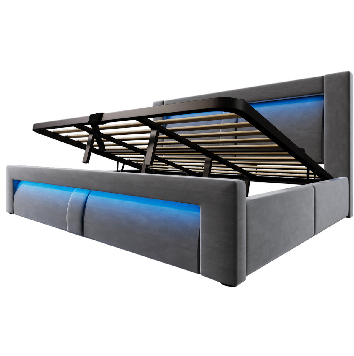 POLSTERBETT 180/200 cm mit LED-Beleuchtung, USB- und Type-C-Anschlüssen, hydraulischem Stauraum und Samtbezug, Grau - Grau, Textil (180/200cm) - Redom