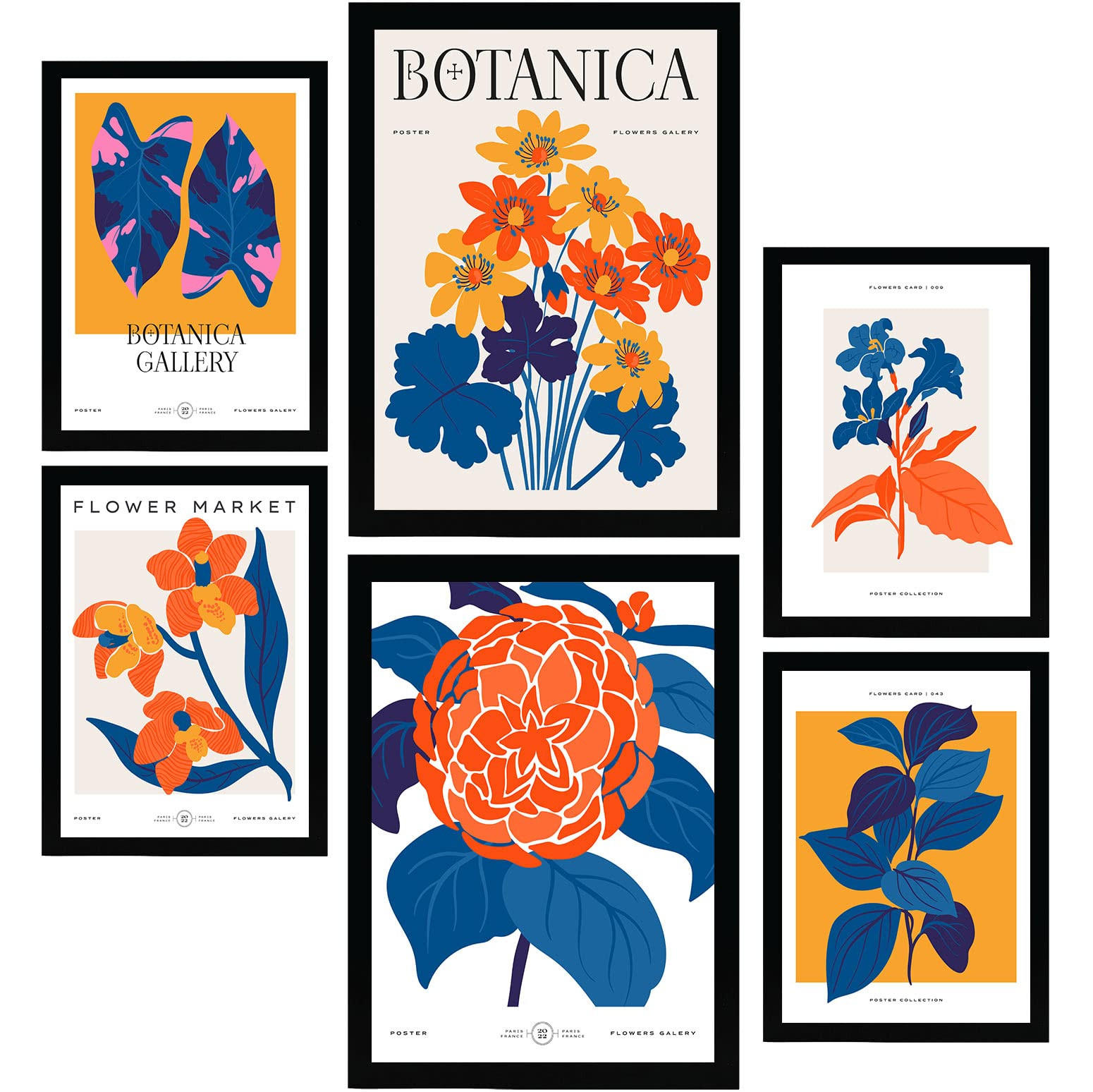 POSTER Set Mit 6 Blumen Leben In Orange Natur Und Botanikdrucke Für Innenarchitektur A3 & A4 Schwarzer Rahmen - Schwarz, Papier (29/3cm) - Nacnic