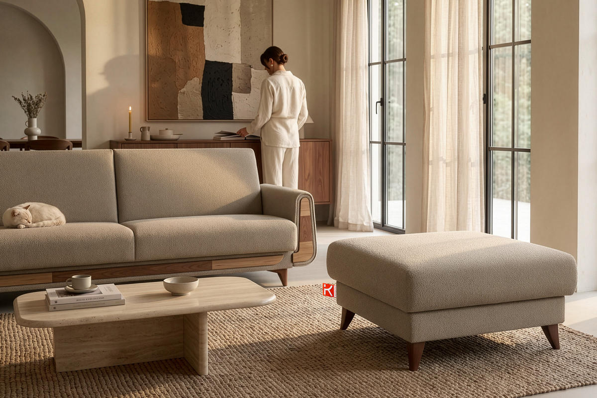 HOCKER GUSTAVO Bouclé, Beige - Beige, Holz/Holzwerkstoff (92/49/92cm) - KONSIMO®