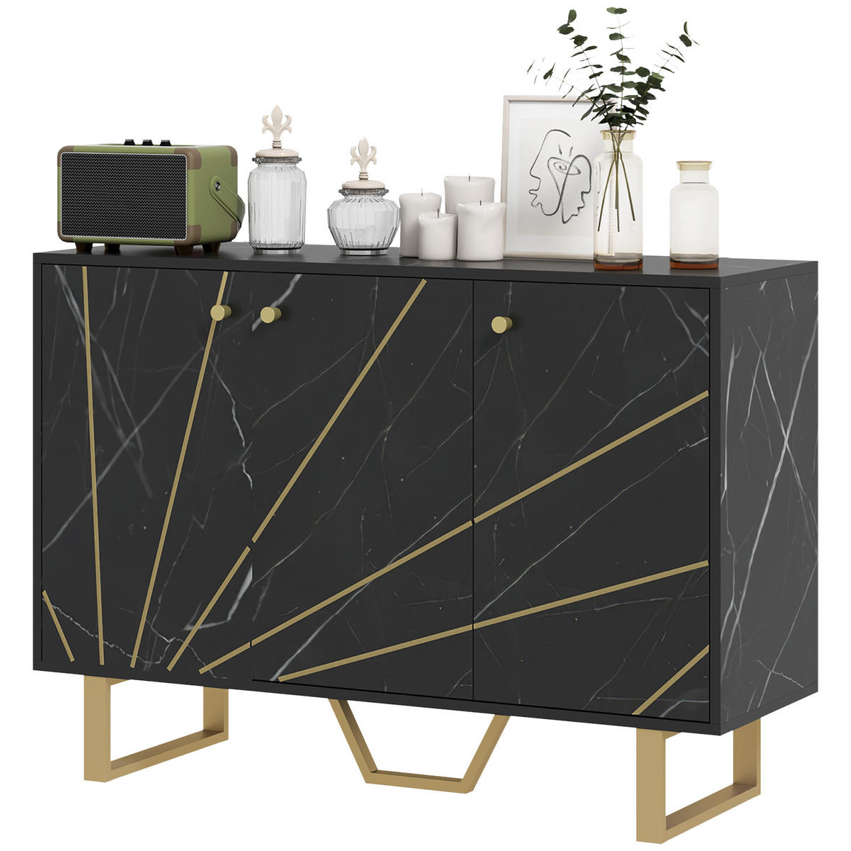 SIDEBOARD DE-11101 2 Schränke, 3 Türen & verstellbare Böden Schwarz - Schwarz, Holzwerkstoff (107/75/35cm) - ComfortXL