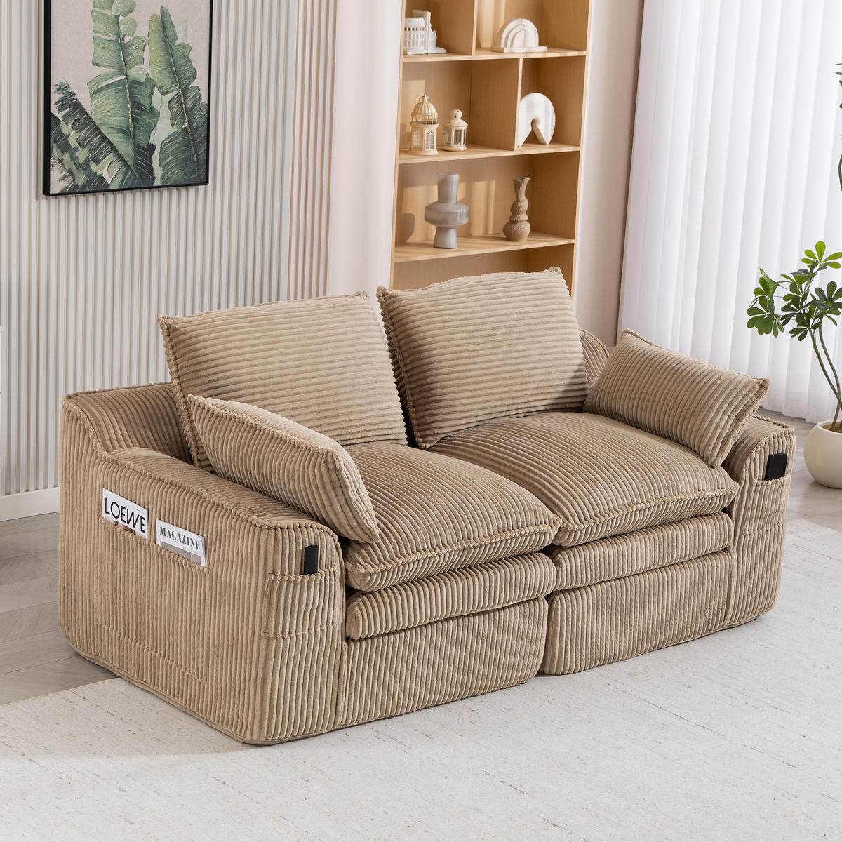 2-SITZER SOFA Cord Khaki mit Kissen und Seitentaschen - Hellbraun, Textil (191/85/94cm) - WISHDOR