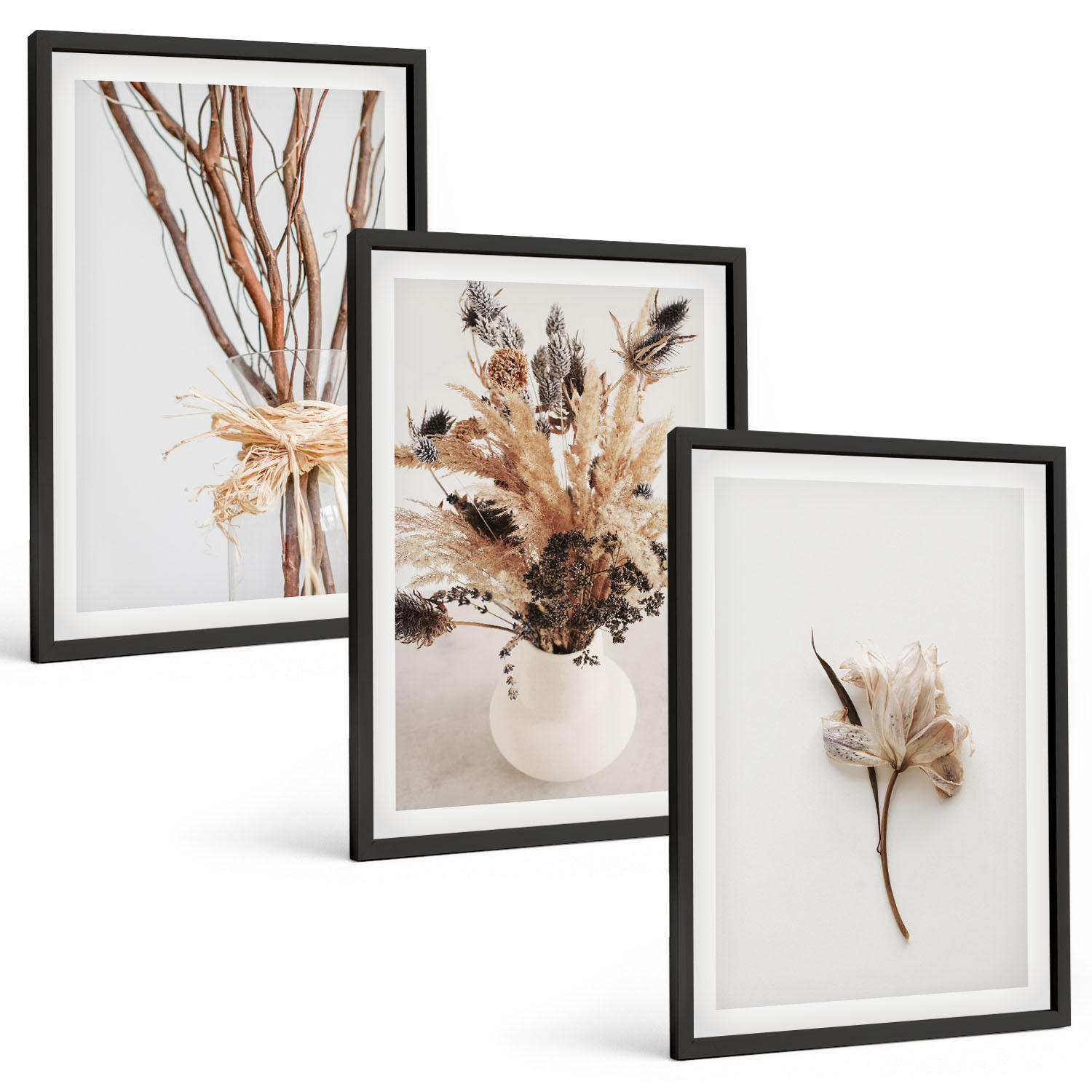 BILDER SET 3er Set - 40x60 cm Schwarzer Rahmen - Blumenzweige minimalistisch - Schwarz, Kunststoff (40/60cm) - TULUP