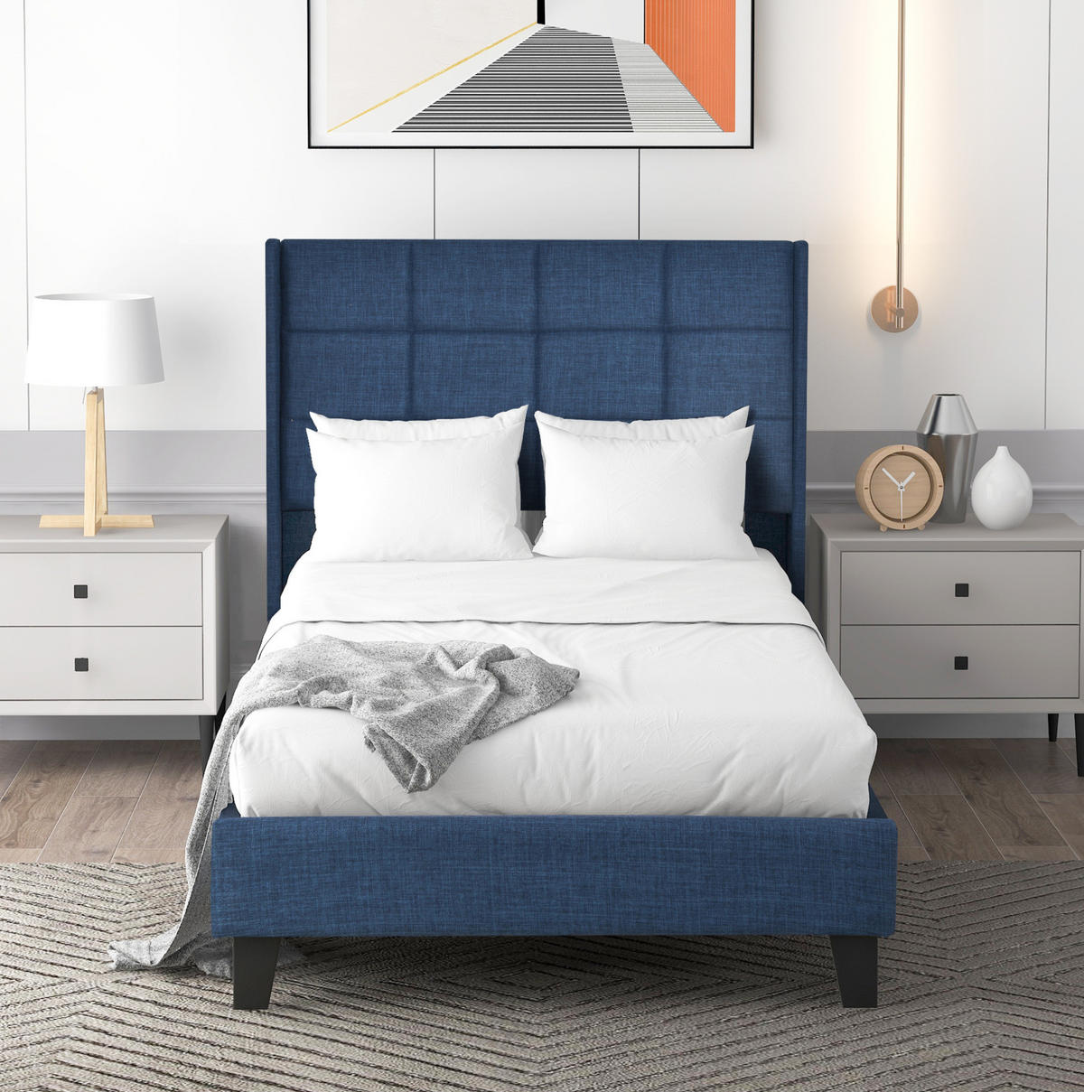 POLSTERBETT 90/200 cm Blau aus Leinen mit Federkernmatratze - Blau, Textil (90/200cm) - OKMYHOME
