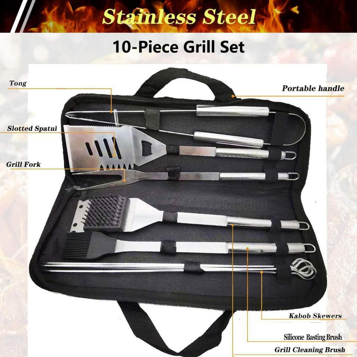 GRILLBESTECK-SET 10-teilig Edelstahl mit Tragetasche - Silberfarben, Metall (35cm)