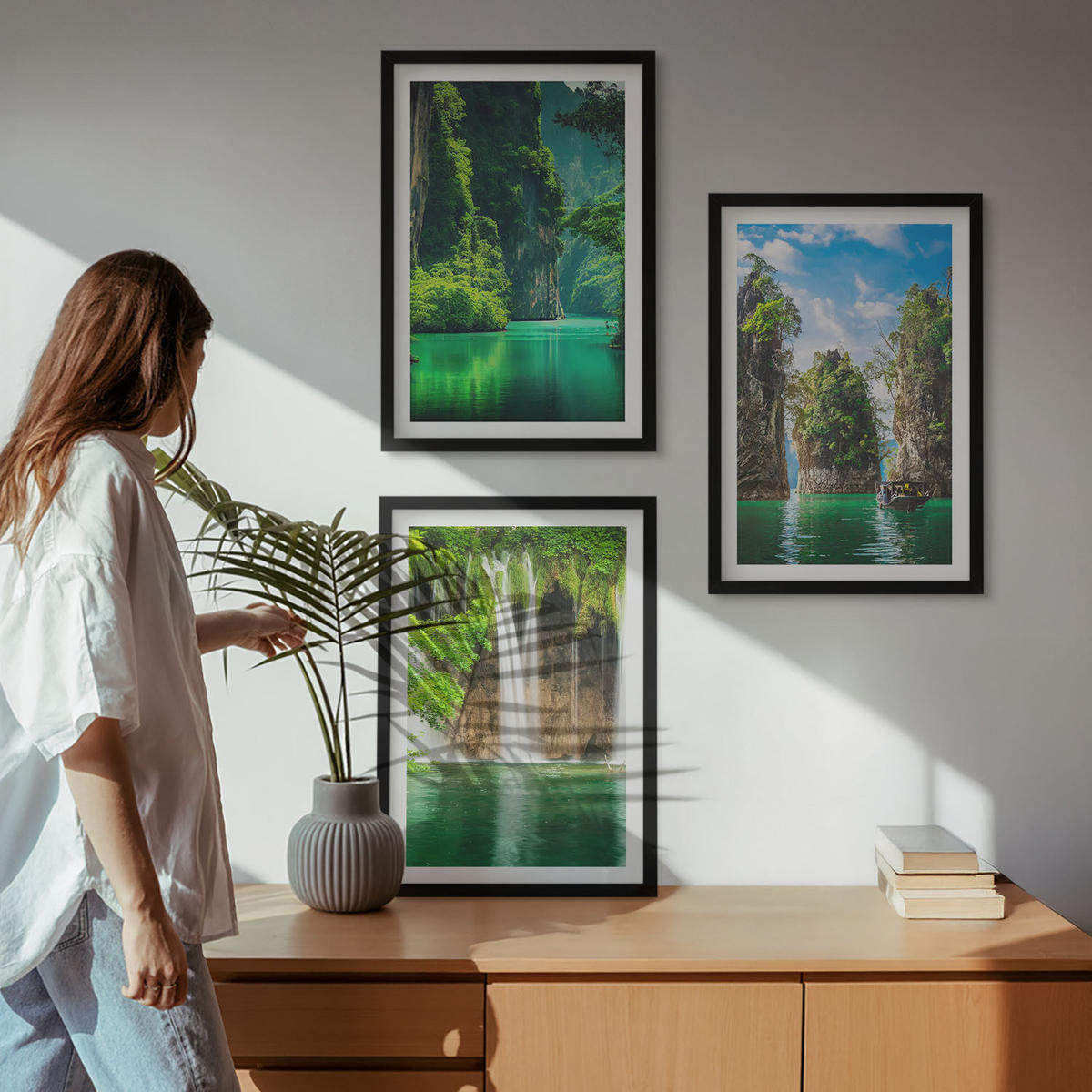 WANDBILDER 3er-Set - 40x60 cm Schwarzer Rahmen - Grüne Landschaften, Wasserfälle - Schwarz, Kunststoff (40/60cm) - ArtPrintCave