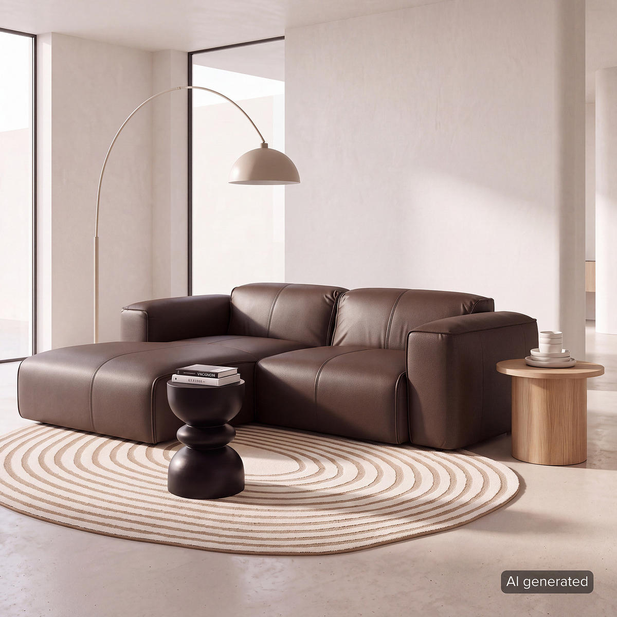 ECKSOFA mit XL-Longchair - Dunkelbraun/Schwarz, Leder/Kunststoff (260/171cm) - home24