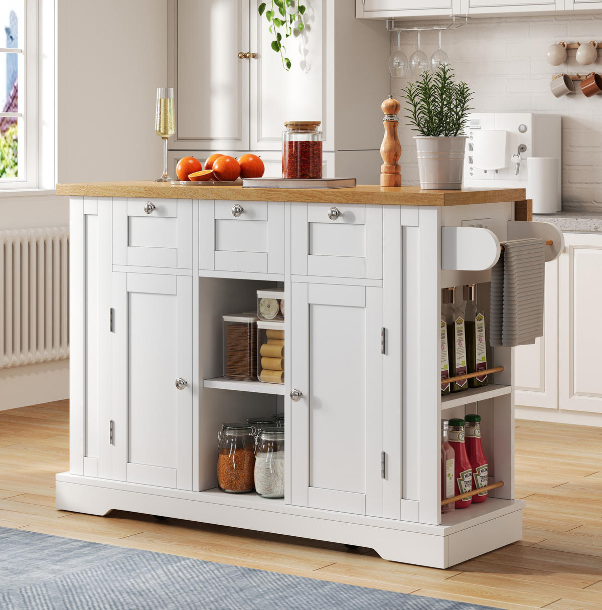 KÜCHENINSELWAGEN mit ausziehbarer Arbeitsplatte 132 cm White/Natural - Weiß, Holz (70/87/132cm) - Beauniv