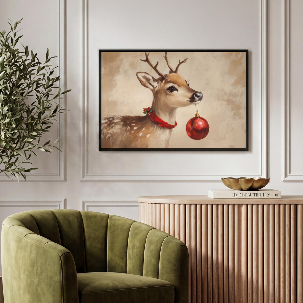 LEINWAND Bilder mit Rahmen - Weihnachten - Hirsch - Geweih - Weihnachtskugel - Rentier - 60x40 - Hellbraun, Textil (60/40cm) - MuchoWow