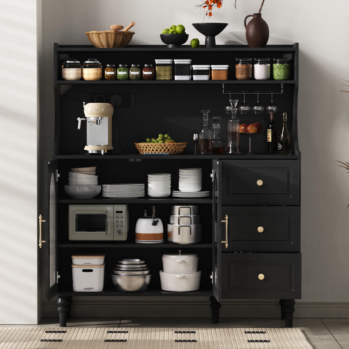 BUFFET in Schwarz mit Weinglashaltern und Stauraum für Esszimmer und Küche, B120/T40/H138.5 cm - Transparent/Schwarz, Glas/Holzwerkstoff (120/138.5/40cm) - STILVORA