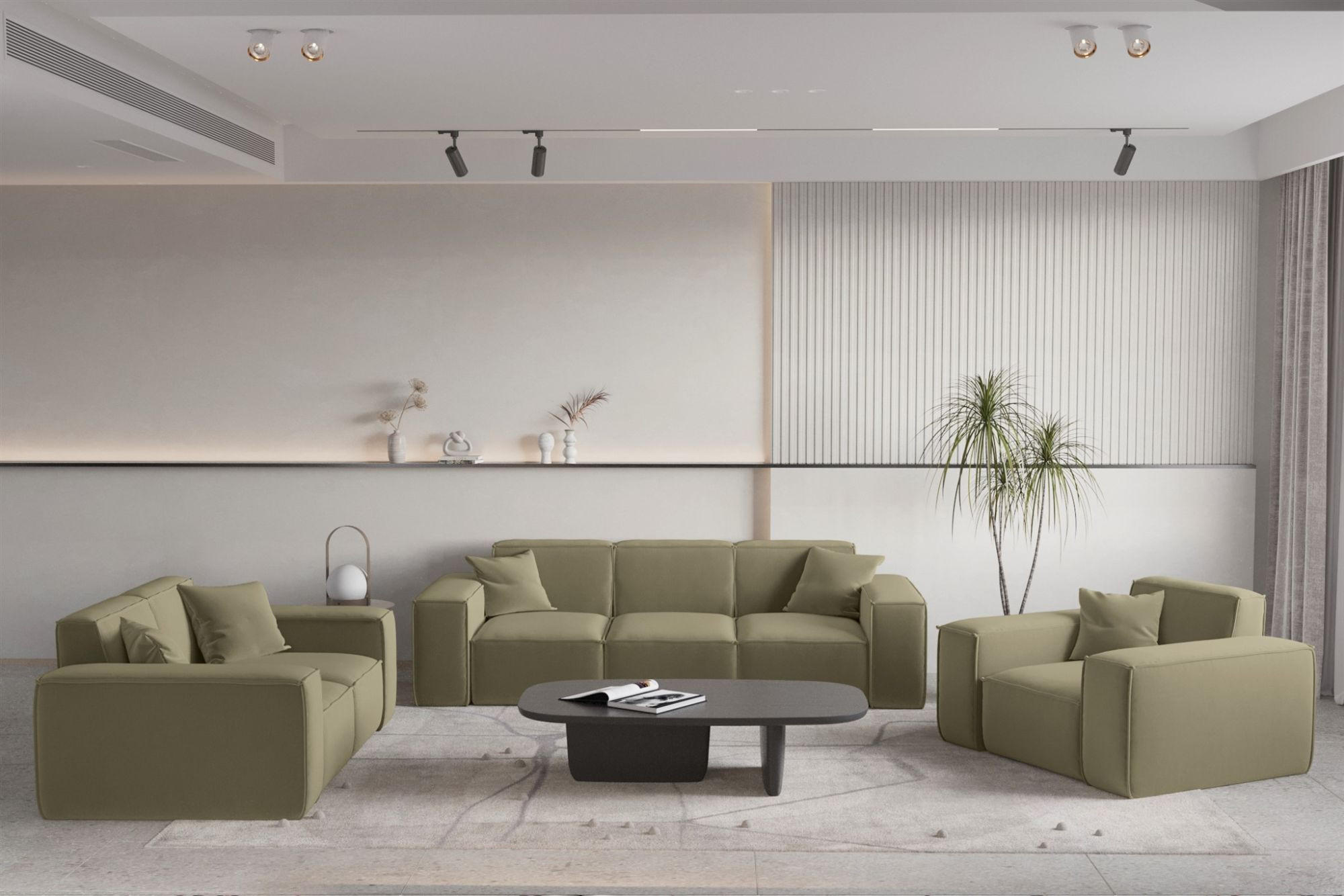 SOFASET Celes Premium 3-2-1 In Opera - Olivgrün, Holzwerkstoff/Textil (225/73/88cm) - Fun Möbel