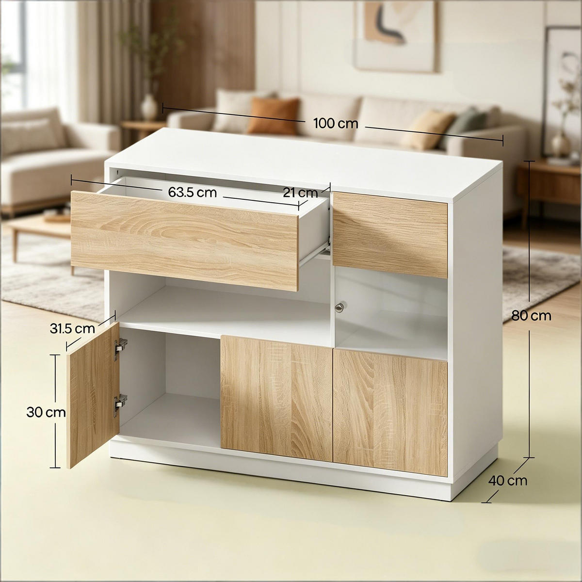 SIDEBOARD DE-38823 100/40/80 cm offenes Fach und Acrylglastür Helle Eiche - Eichefarben, Holzwerkstoff (100/80/40cm) - ComfortXL
