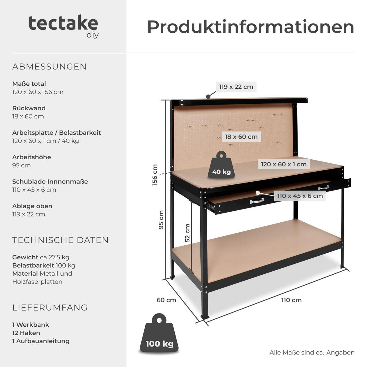 WERKBANK , 120 x 60 x 156 cm, Kunststoffkappen an den Füßen, schwarz - Schwarz, Metall (60/156cm) - tectake