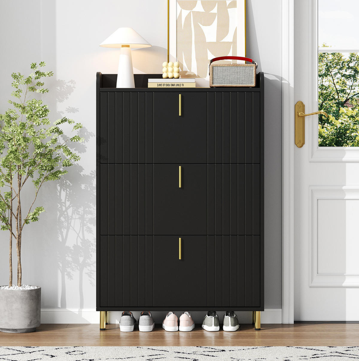 SCHUHSCHRANK aus MDF 80x23x123.5cm in Schwarz mit Anti-Kipp-Vorrichtung - Schwarz, Holzwerkstoff (80/123.5/23.5cm) - Modfu