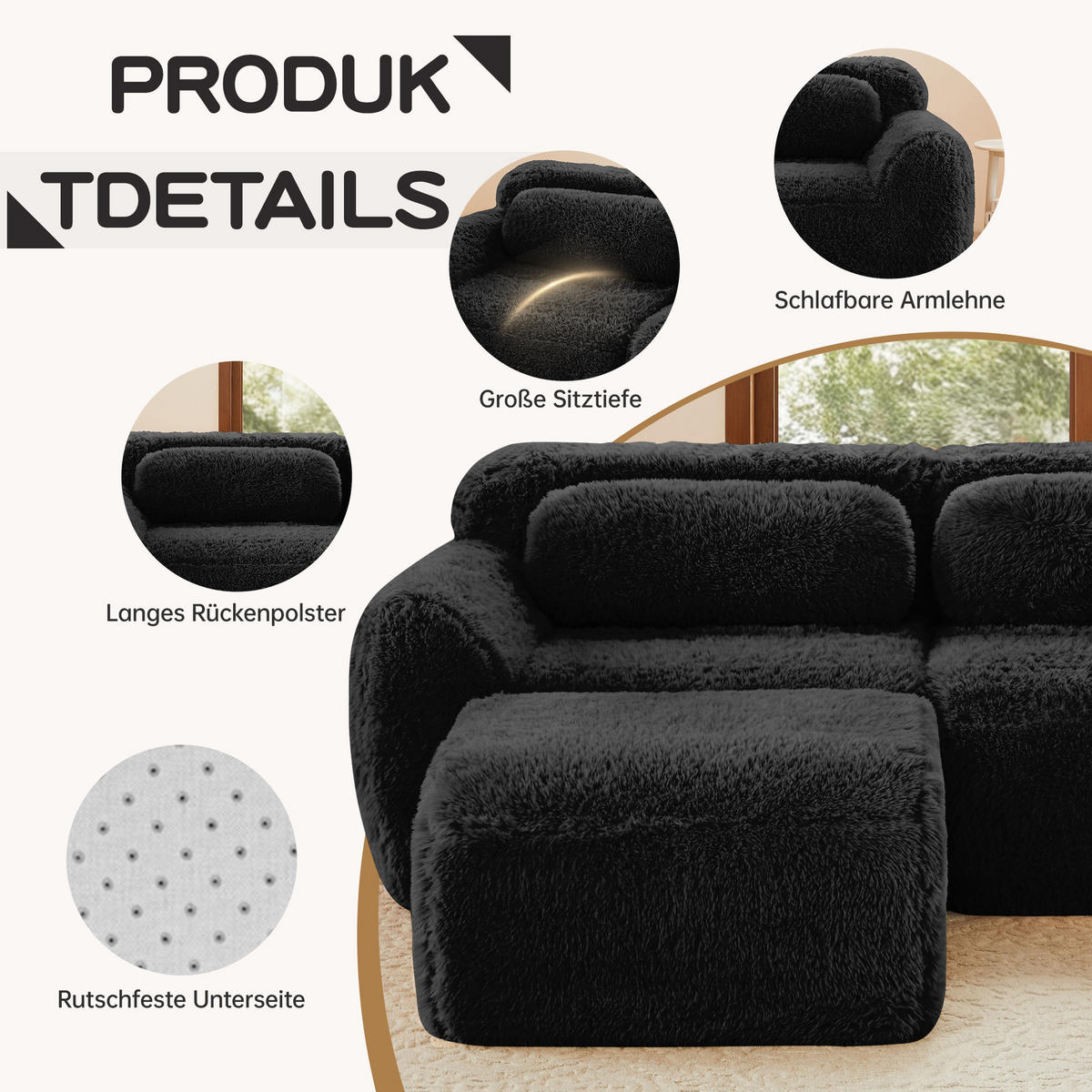3-SITZER Sofa 291x179x73 cm aus Plüschstoff rahmenlos modular mit Ottoman, schwarz - Schwarz, Textil (179/73/291cm)