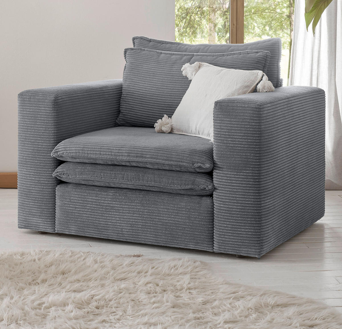 SESSEL grau Cord, Loungesessel 110 cm - Beige/Grau, Holz/Kunststoff (110/83/91cm) - Furn.Design