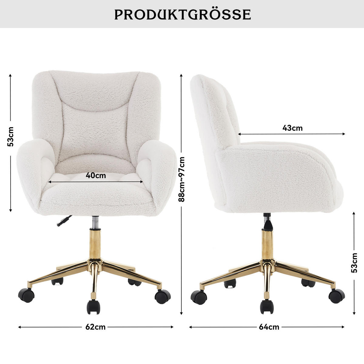 DREHSTUHL 64/92,5/62 cm Weiß aus Teddy-Stoff höhenverstellbar - Weiß, Textil (62/92.5/64cm) - OKMYHOME
