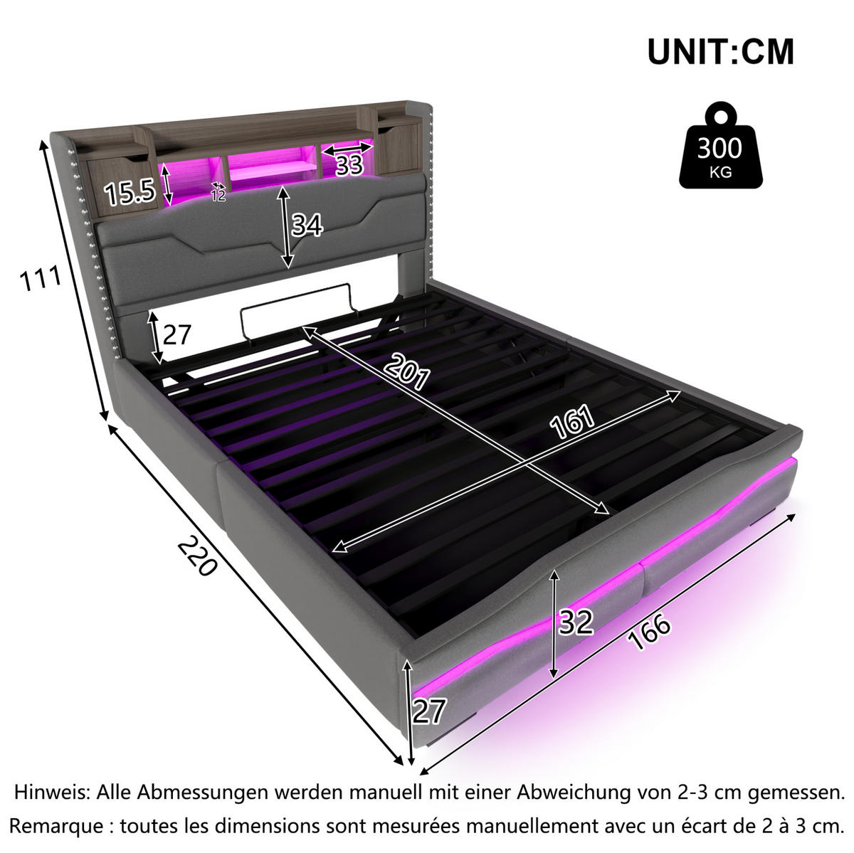 POLSTERBETT 160/200 cm mit LED-Beleuchtung, USB-C/USB-Anschluss, hydraulischem Bettkasten und Stauraum-Kopfteil, Grau - Grau, Textil (160/200cm) - Redom