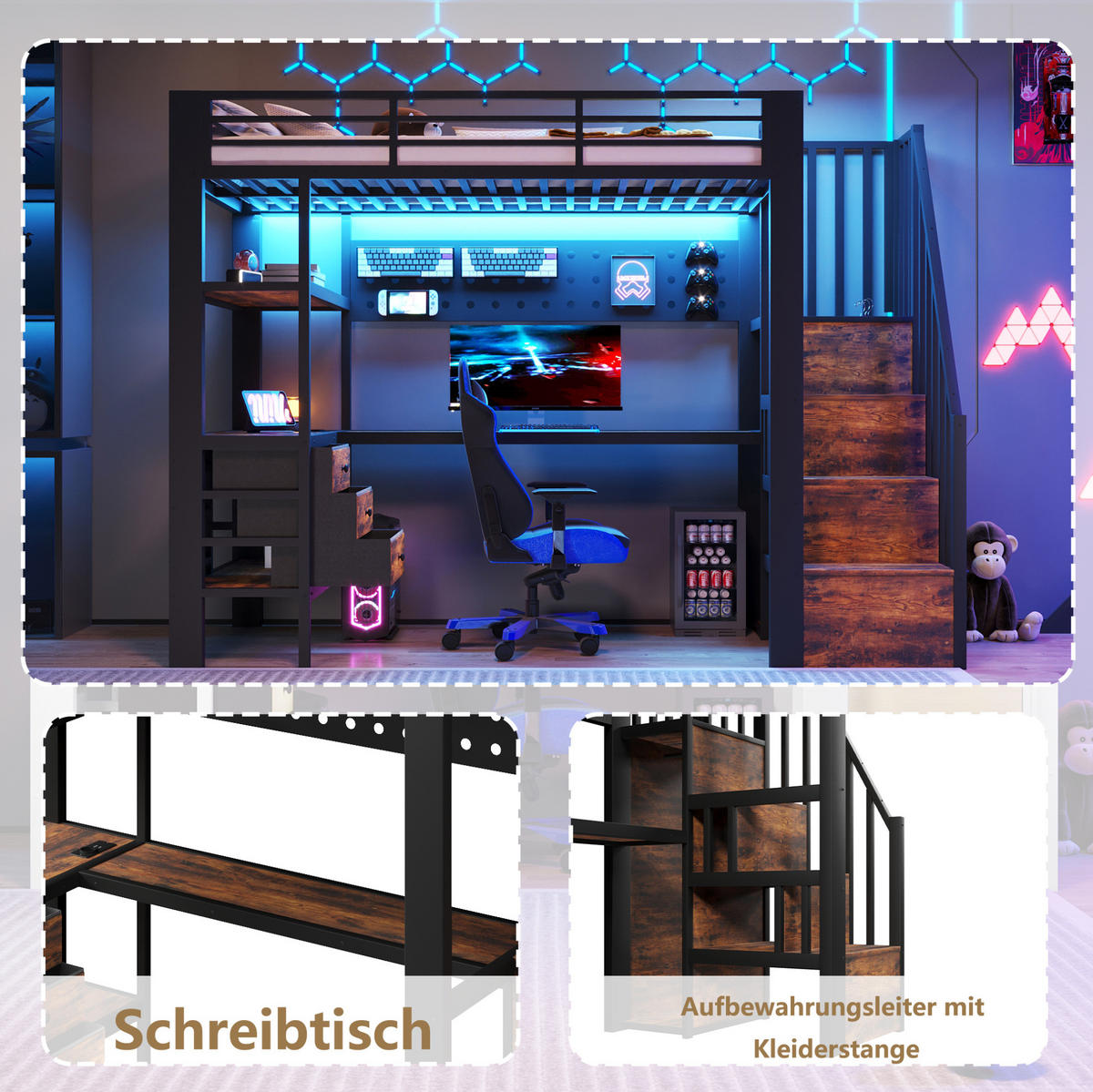 HOCHBETT 90/200 cm aus Metall und MDF mit Schreibtisch, Stauraum und LED Schwarz - Schwarz, Holzwerkstoff (90/200cm) - Modenvie