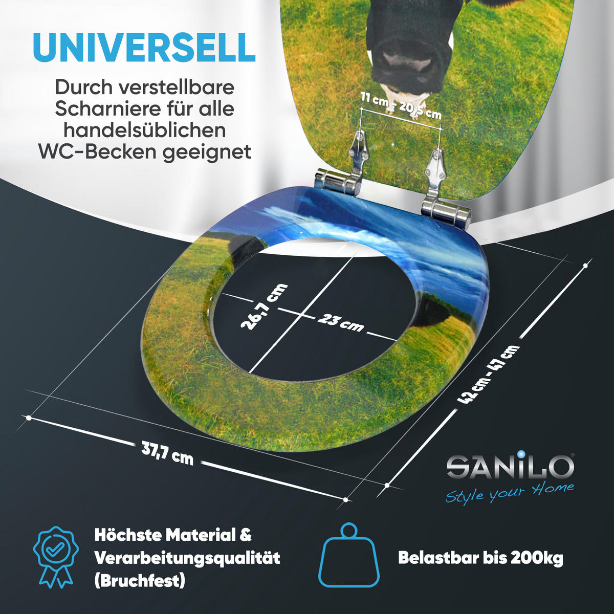 WC-SITZ mit Absenkautomatik Kuhkopf - Multicolor, Holzwerkstoff (38/6/47cm) - Sanilo