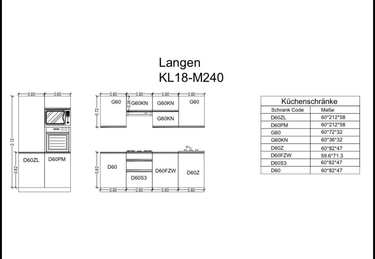 KÜCHENZEILE 240 cm - Langen KL18-M240 - in Beige / Matt - Beige, Holz (360/212/58cm)