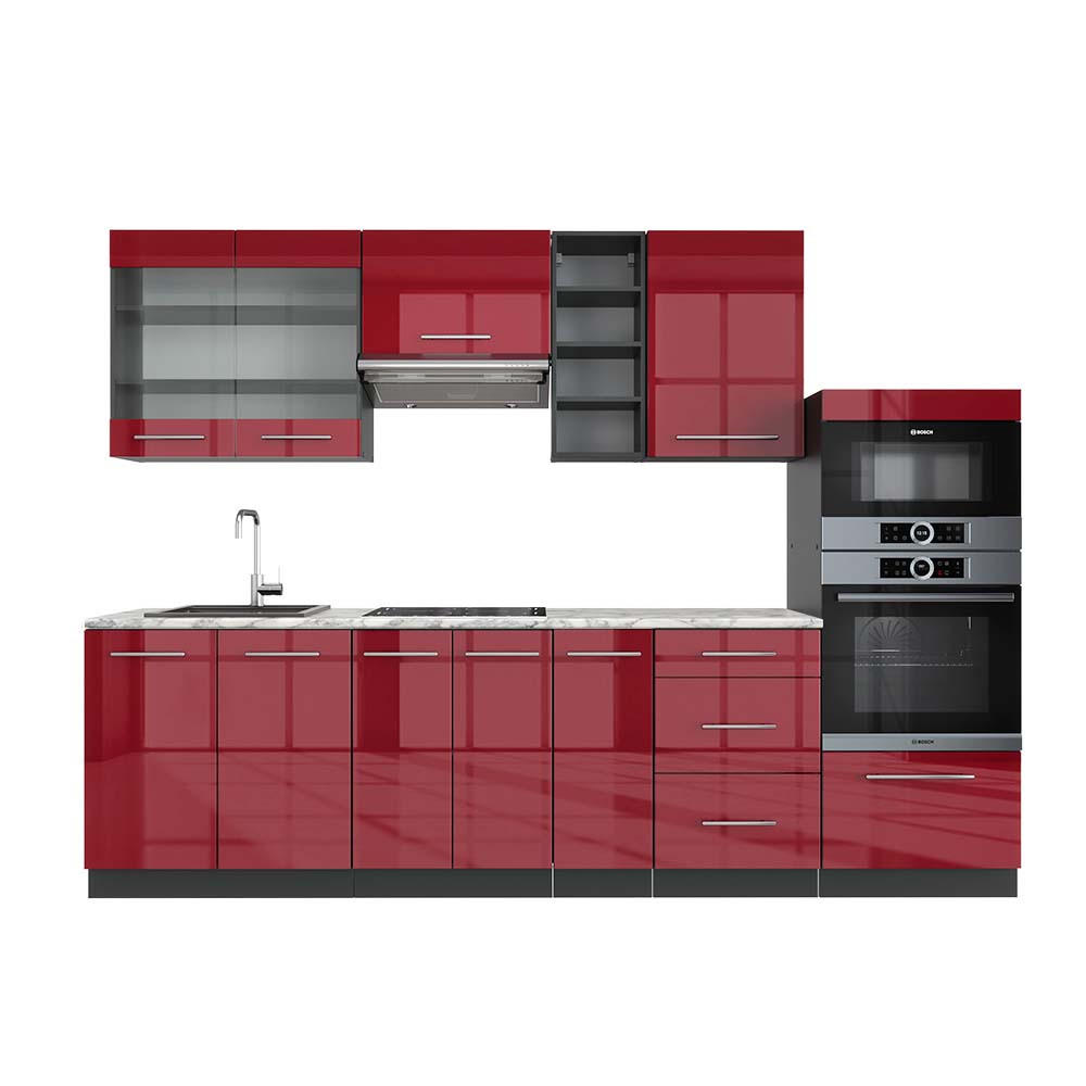 KÜCHENZEILE Fame-Line Bordeaux Hochglanz/Anthrazit 280 cm AP Marmor - Bordeaux/Anthrazit, Holzwerkstoff (280/81.6/60cm) - Vicco