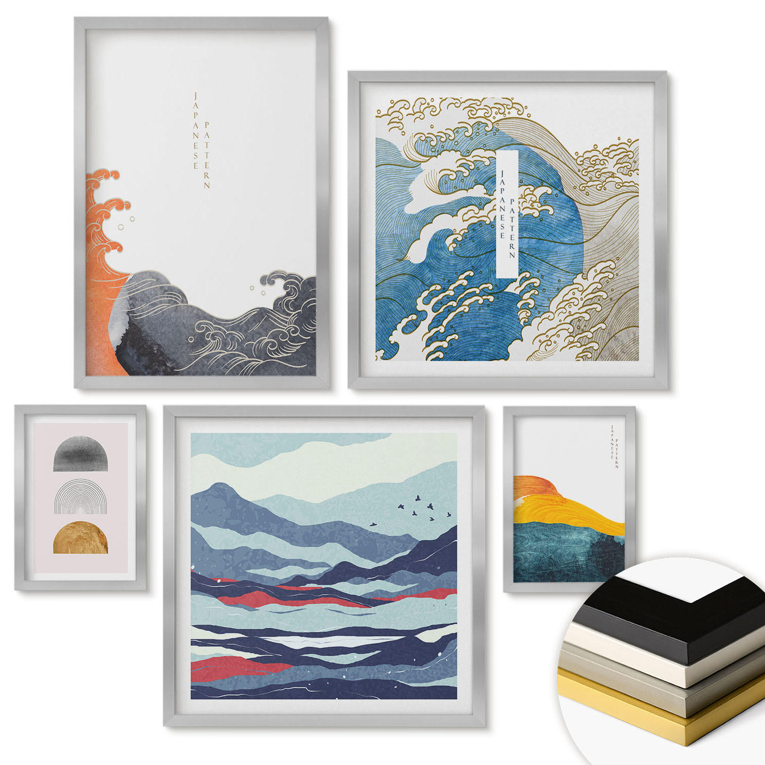 WANDBILDER 5er Set - 50x50 cm & 20x30 cm & 40x60 cm Silberner Rahmen - Stilvolle moderne Blumen - Silberfarben, Kunststoff (40/60cm) - ArtPrintCave