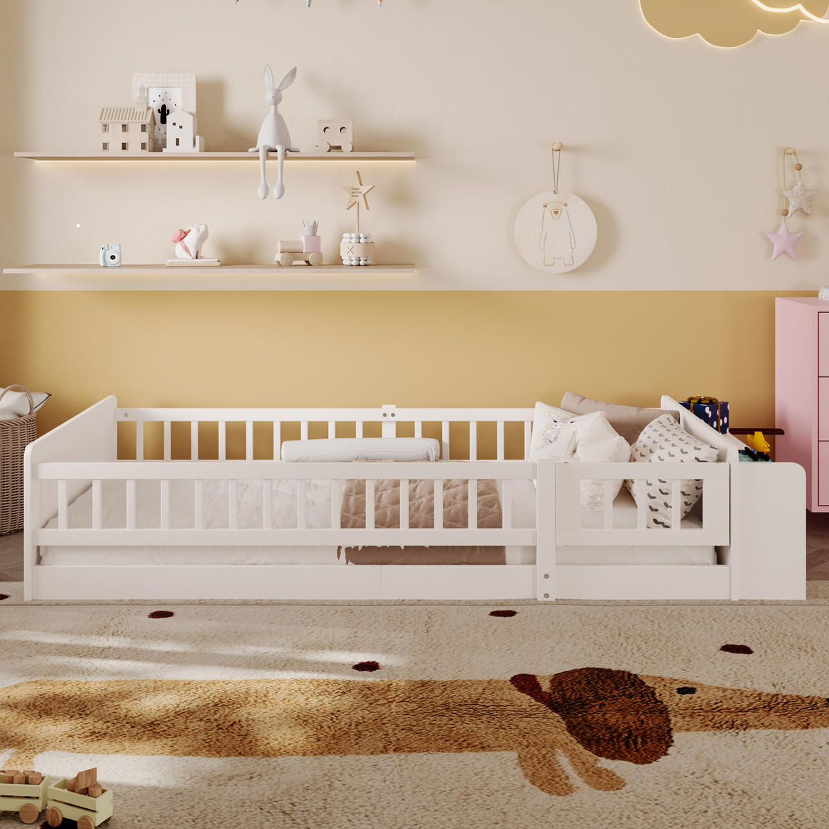 KINDERBETT aus Kiefernholz und MDF 90x200 cm Weiß mit offenem Stauraum und Regalen - Weiß, Holzwerkstoff (90/200cm) - IVMEU