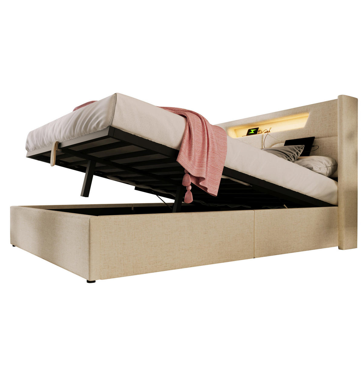 POLSTERBETT 140/200 cm mit LED-Beleuchtung, Bettkasten und USB/Type-C in Beige - Beige, Textil (140/200cm) - BEAOK