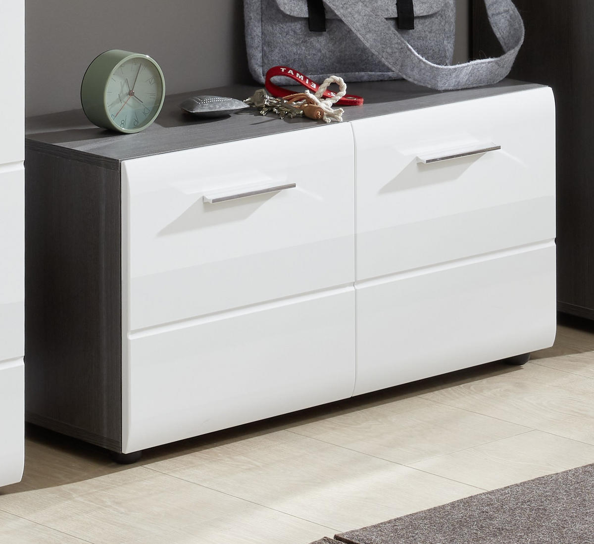 GARDEROBENBANK Hochglanz weiß, Sardegna grau 80 x 41 cm, Schuhbank mit Türen - Weiß Hochglanz/Silberfarben, Holzwerkstoff/Kunststoff (80/35/41cm) - Top.Furn