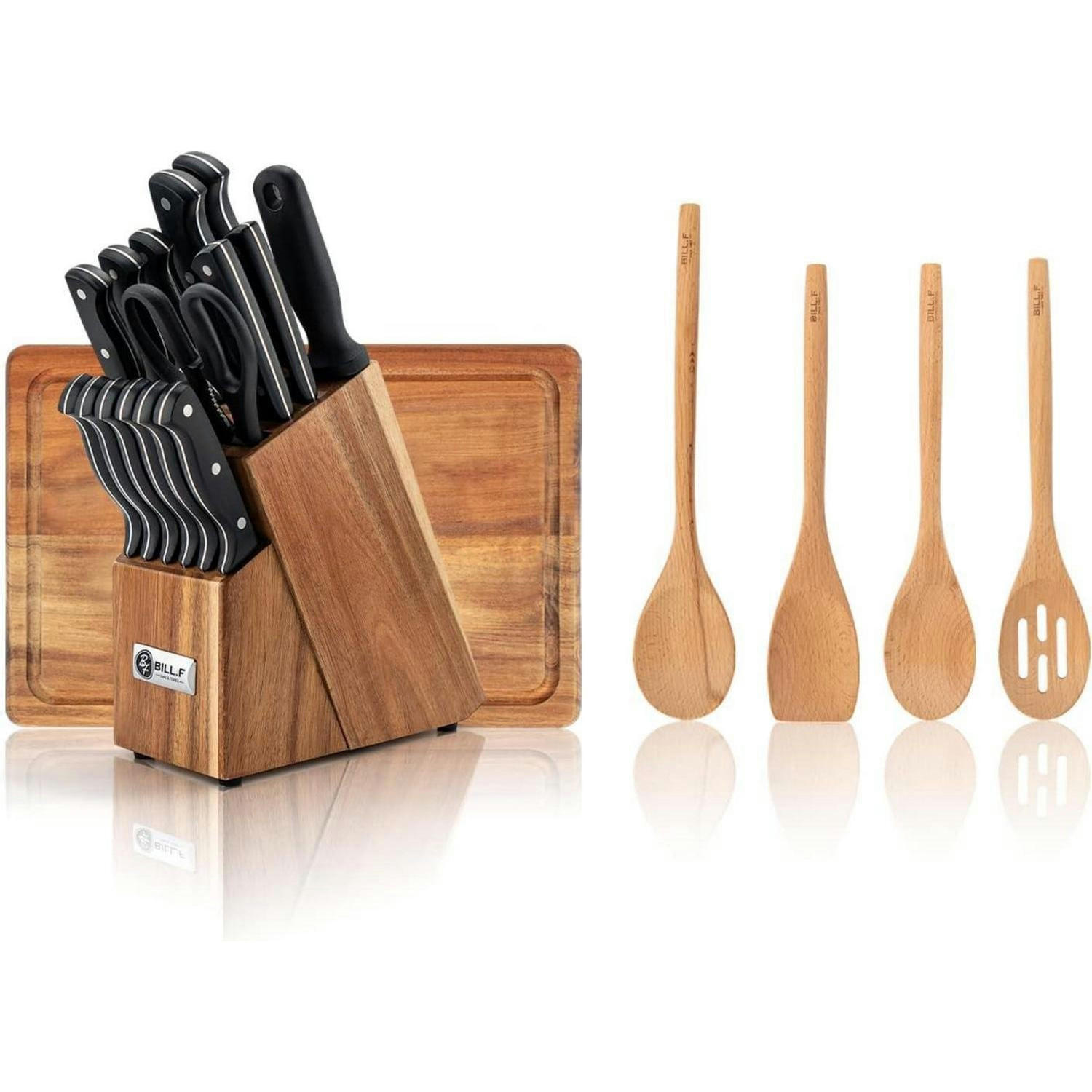 MESSERBLOCKSET 16-teilig mit Kochutensilien und Schneidebrett - Braun, Holz (23.8/10/35.8cm)