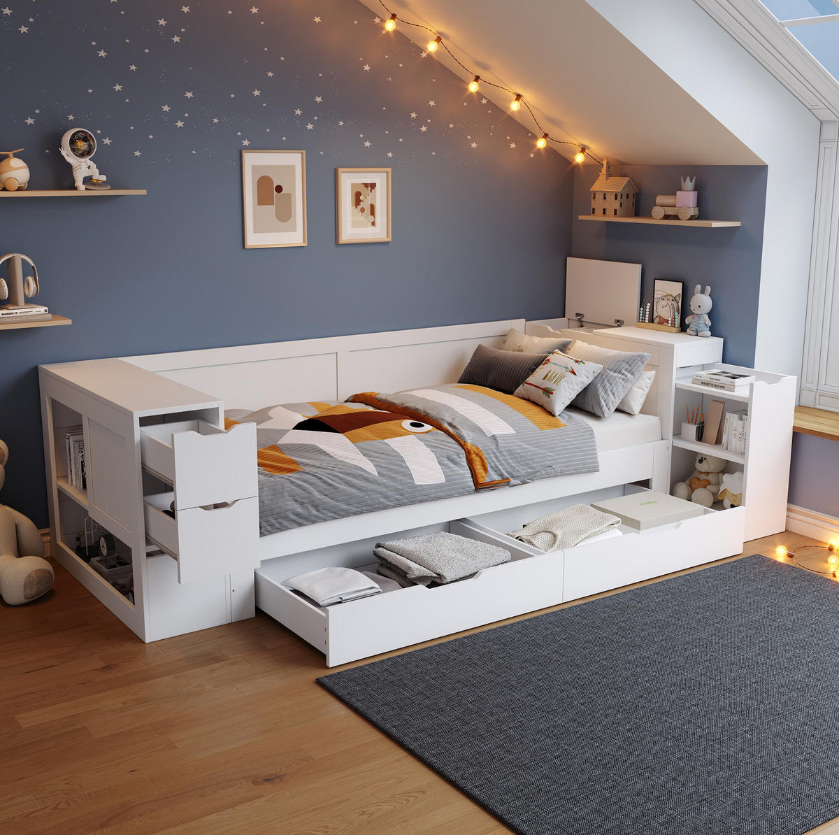 KINDEREINZELBETTEN aus MDF 90x200 cm in Weiß mit Schublade & Nachttisch - Weiß, Holzwerkstoff (90/200cm) - Modfu