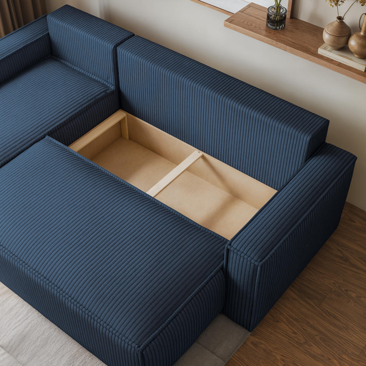 ECKSOFA RAVELO P Blau Kordstoff mit Schlaffunktion - Blau, Holz (240/140cm) - MASSENO