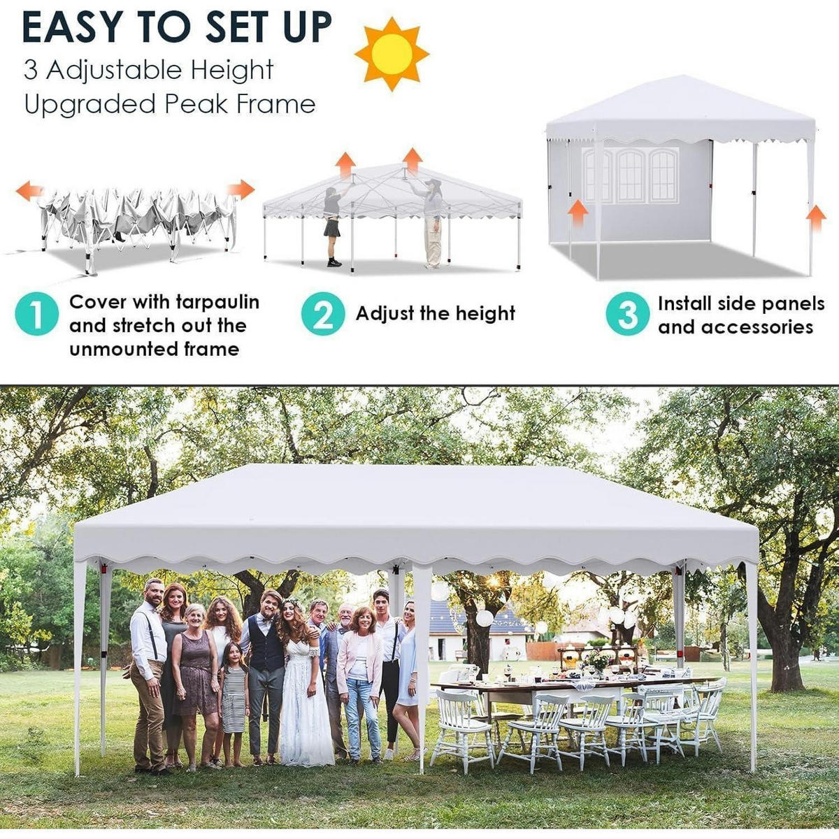 FALTPAVILLON 3x6 m Weiß Wasserdicht mit 6 Seitenteilen - Weiß, Metall (300/270/600cm)