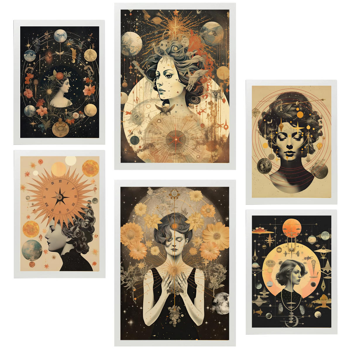 POSTER Set Mit 6 Femininen & Mystischen Esoterischen A3 & A4 Weißer Rahmen - Weiß, Papier (29/3cm) - Nacnic