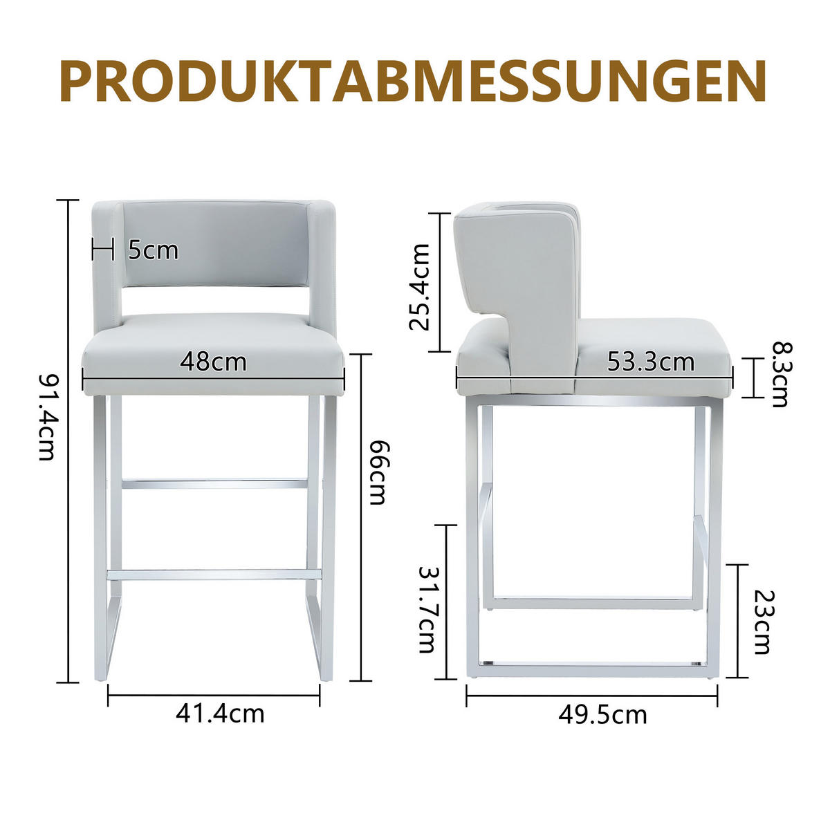 BARSTUHL gepolstert 91,4 cm PU-Leder Hellgrau Silber - Hellgrau, Metall (53.3/91.4/48cm) - Meubliv