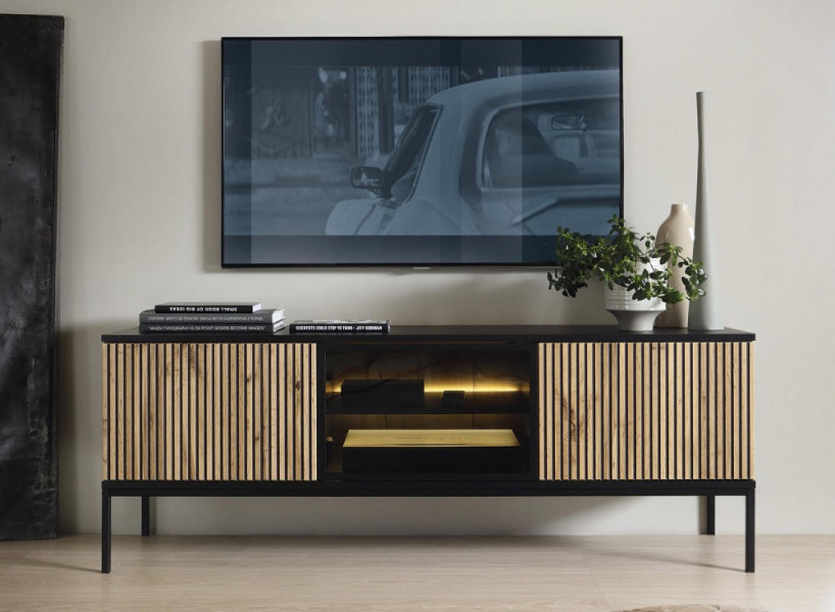 TV-LOWBOARD RTV-SCHRANK Weiß SANTI Mit Lamellen Und LED-Beleuchtung - Multicolor, Holzwerkstoff (154/56/39cm) - Sepro Meble