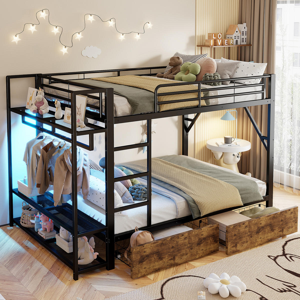 ETAGENBETT 140/200 cm Schwarz mit LED-Lichtleiste, Kleiderstange, 2 Schubladen und mehrere Ablageflächen - Schwarz, Metall (140/200cm) - Oxeza