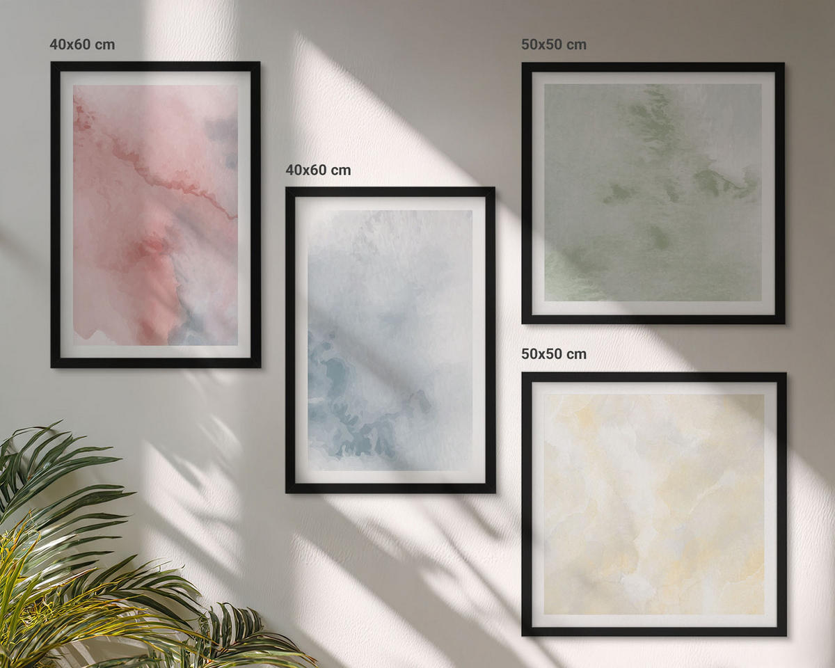 WANDBILDER 4er-Set - 50x50 cm & 40x60 cm Schwarzer Rahmen - Aquarellfarben in Pastellfarben - Schwarz, Kunststoff (50/50cm) - ArtPrintCave