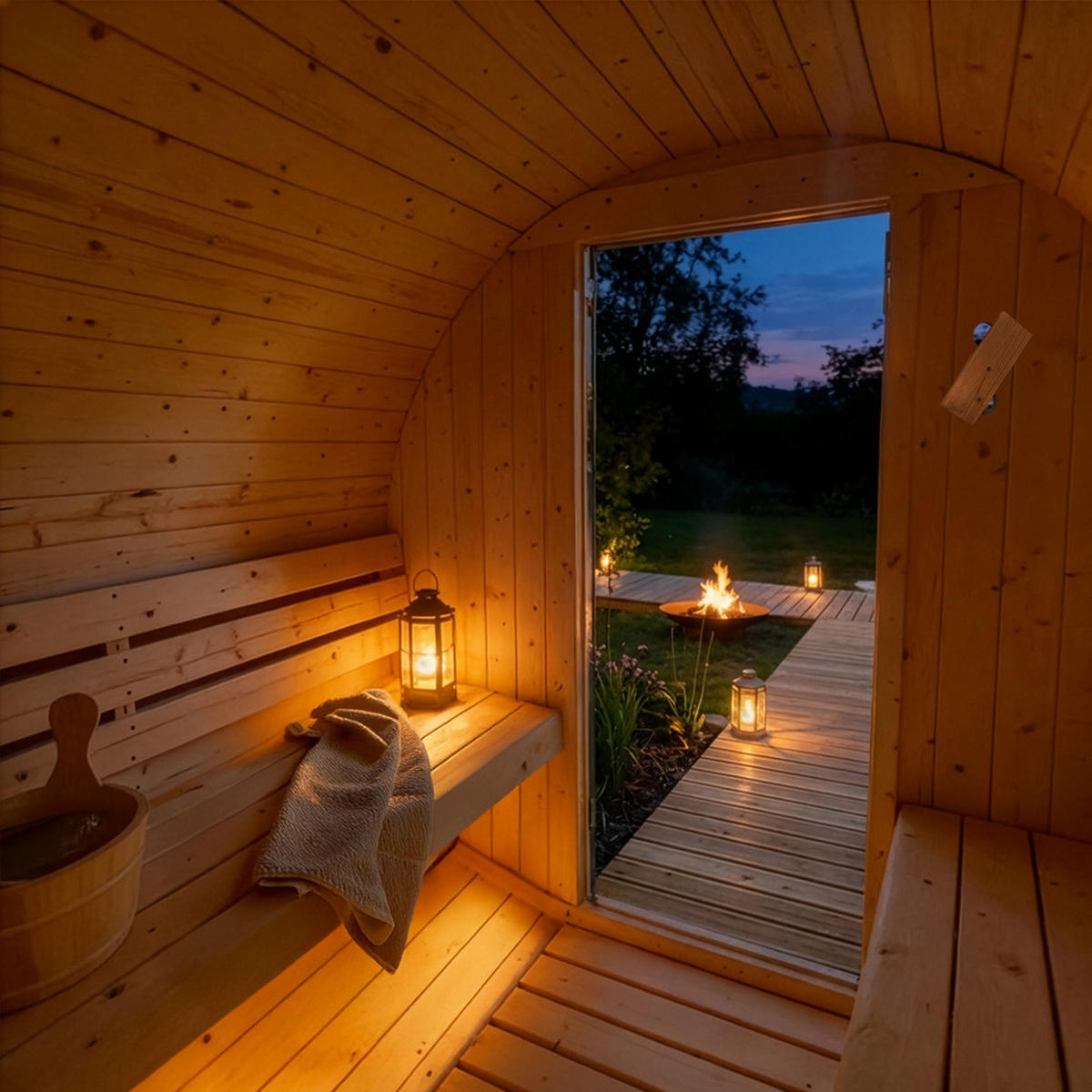 OUTDOOR FASSSAUNA LAHTI - Größe: M - Naturfarben, Holz (194.8/191.7/120cm) - Home Deluxe