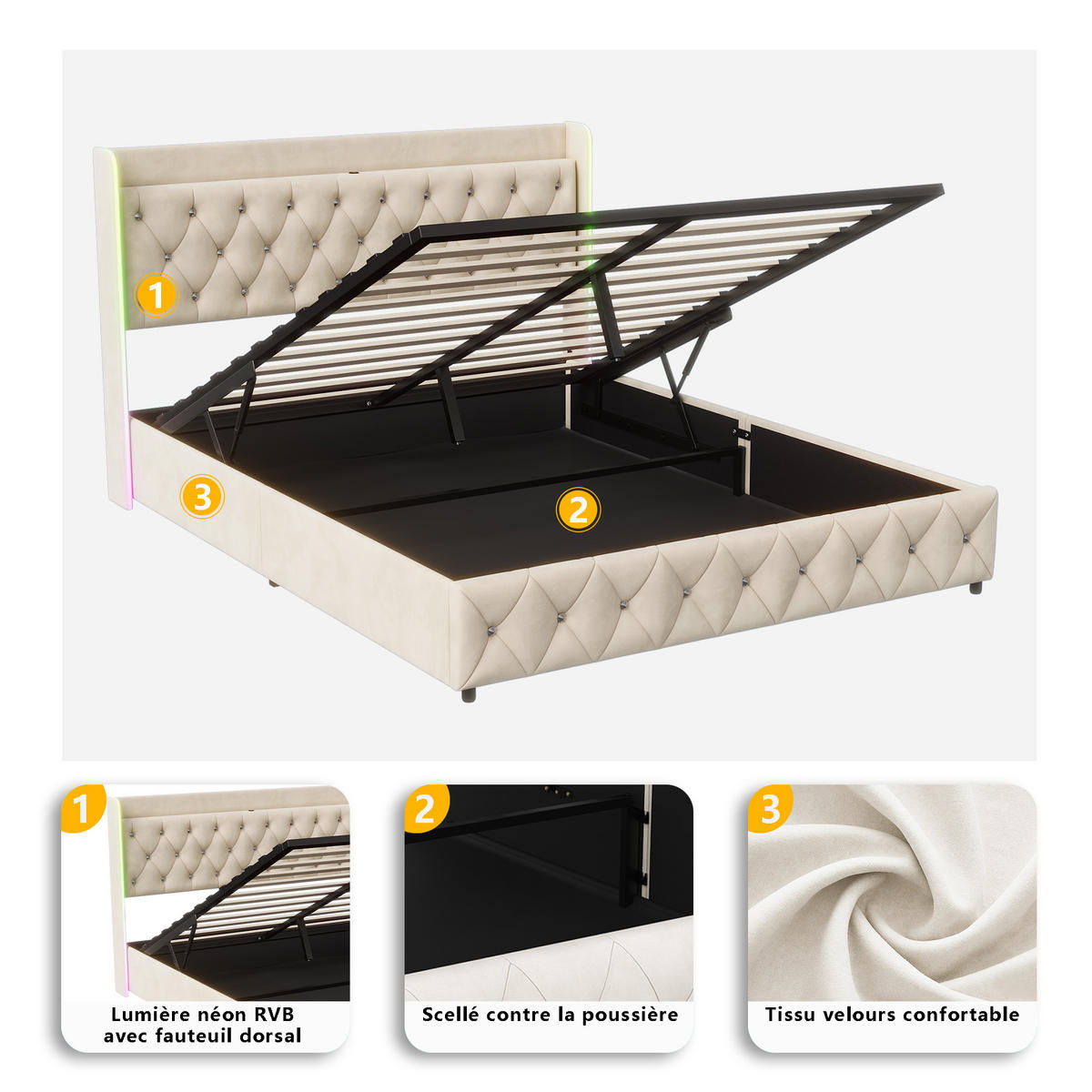 POLSTERBETT 160x200 cm LED USB C Stauraum Lattenrost Samt beige - Beige, Holz (160/200cm) - LEBENLANG