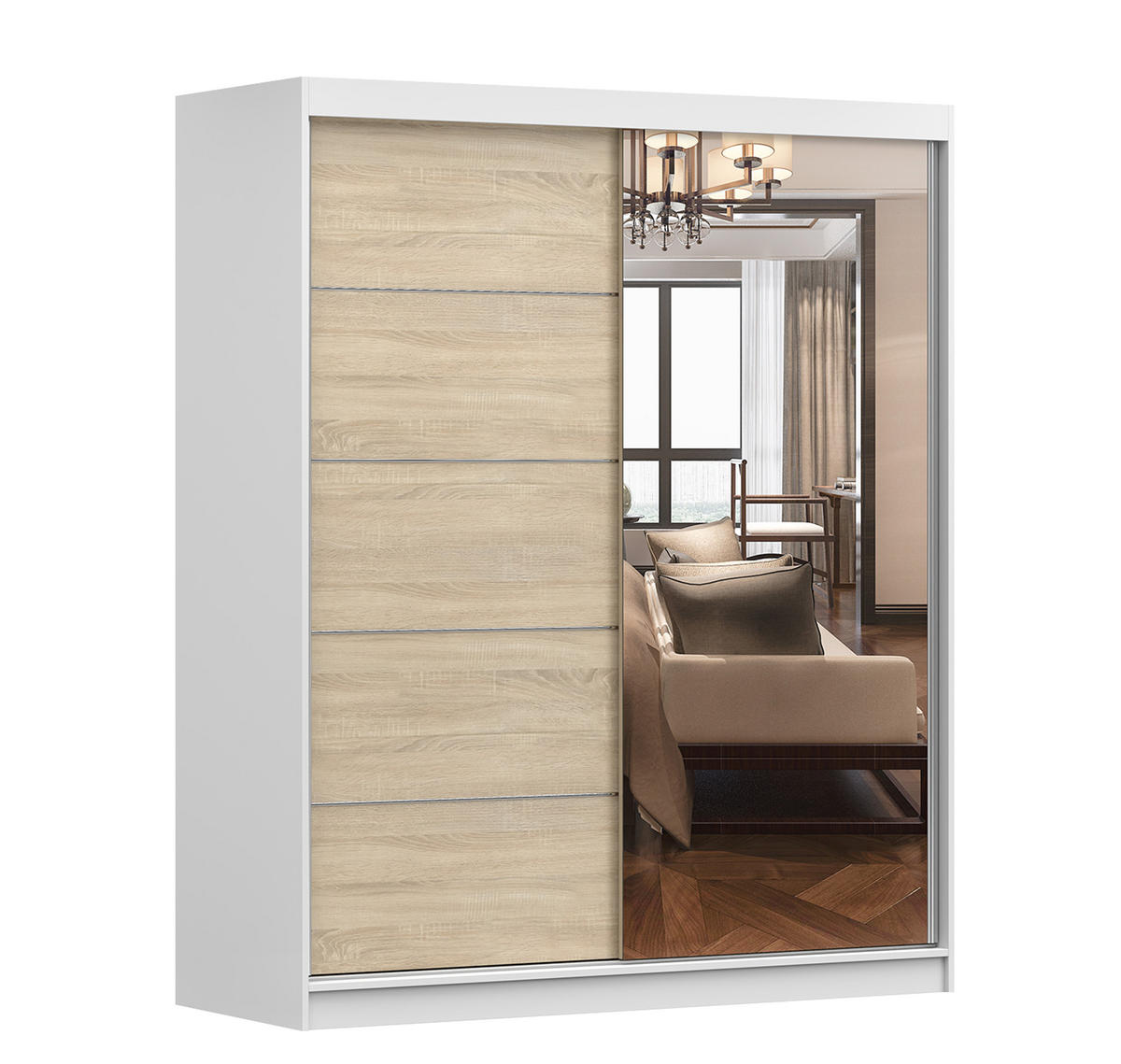 SCHIEBETÜRENSCHRANK - EVA BIS 05 Weiß + Sonoma - Weiß/Sonoma Eiche, Holzwerkstoff (160/195/61cm) - Möblo