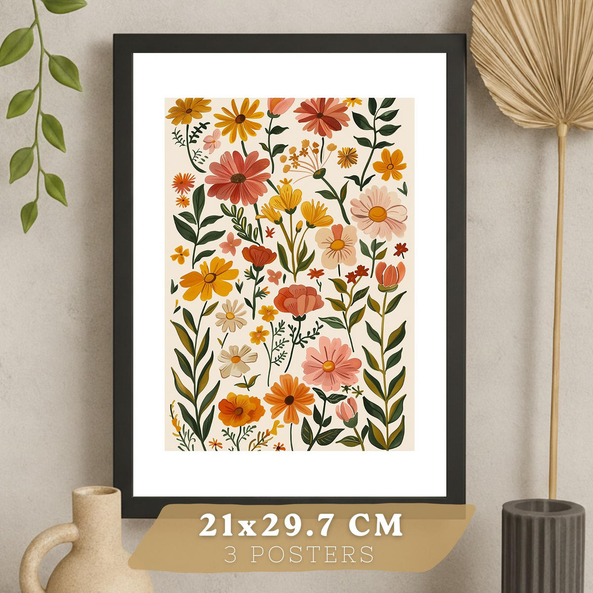 PLAKAT Sada 3 Kytice A4 Černý rám - černá, papír (29.7/1/21cm) - Nacnic