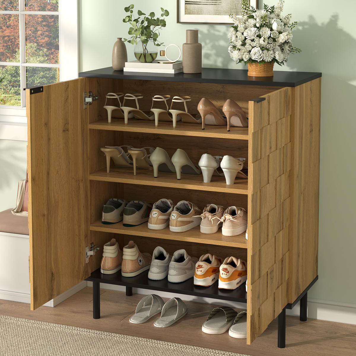 SCHUHSCHRANK 80/35/91,5 cm in Natur mit 2 Türen und verstellbaren Fächern - Naturfarben, Holzwerkstoff (80/91/35cm) - Flora Grace